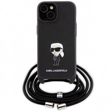 Karl Lagerfeld Crossbody Saffiano Monogram Metal Pin Karl &amp; Choupette Case for iPhone 15 - Black 1