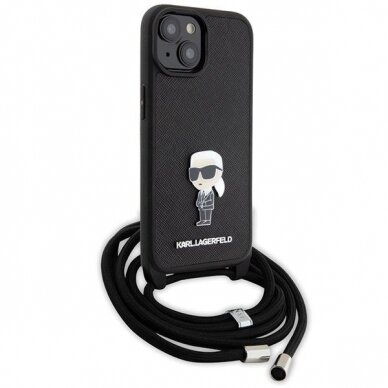 Karl Lagerfeld Crossbody Saffiano Monogram Metal Pin Karl &amp; Choupette Case for iPhone 15 - Black 2