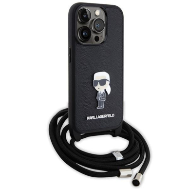 Karl Lagerfeld Crossbody Saffiano Monogram Metal Pin Karl &amp; Choupette Case for iPhone 15 Pro - Black 2