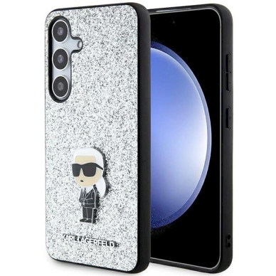 Originalus Karl Lagerfeld Dėklas Fixed Glitter Ikonik Logo Metal PinSamsung Galaxy S24+ - Sidabrinis