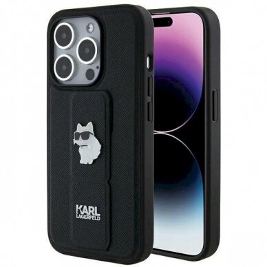 Karl Lagerfeld Gripstand Saffiano Choupette Pins Dėklas skirtas iPhone 14 Pro - Juodas