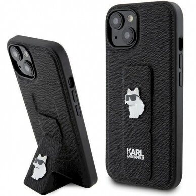 Karl Lagerfeld Gripstand Saffiano Choupette Pins Dėklas skirtas iPhone 15 - Juodas