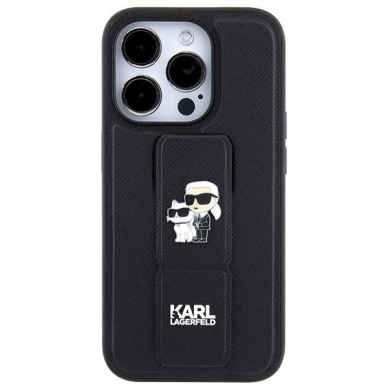 Karl Lagerfeld Gripstand Saffiano Karl&amp;Choupette Pins Dėklas skirtas iPhone 13 Pro / 13 - Juodas 2