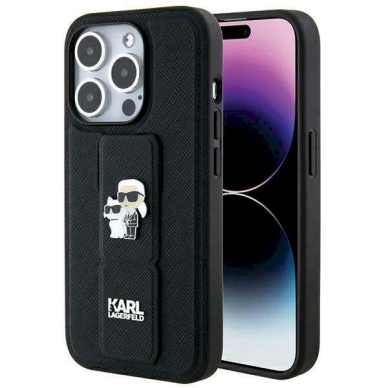 Karl Lagerfeld Gripstand Saffiano Karl&amp;Choupette Pins Dėklas skirtas iPhone 14 Pro - Juodas