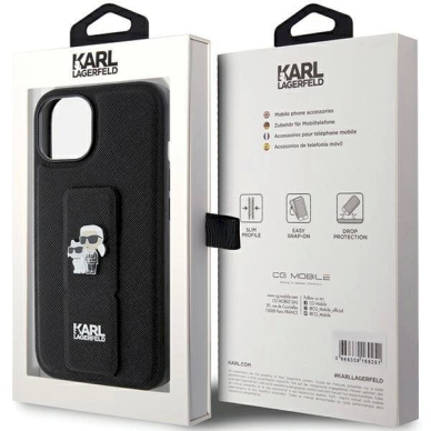 Karl Lagerfeld Gripstand Saffiano Karl&amp;Choupette Pins Dėklas skirtas iPhone 15 - Juodas 7