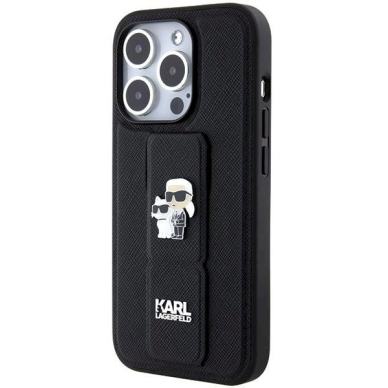 Karl Lagerfeld Gripstand Saffiano Karl&amp;Choupette Pins Dėklas skirtas iPhone 15 Pro Max - Juodas 2