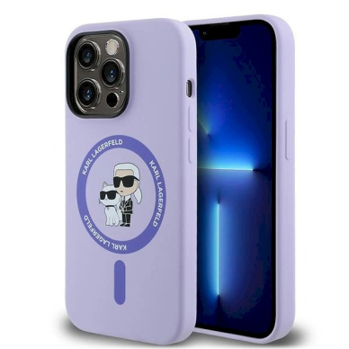 Karl Lagerfeld HC MagSafe Silicone Karl&amp;Choupette Heads Ring Dėklas iPhone 14 Pro - violetinis