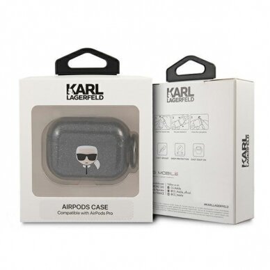 Originalus Karl Lagerfeld dėklas KLAPUKHGK AirPods Pro Juodas Glitter Karl`s Head 2