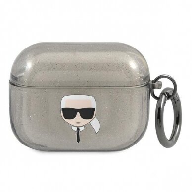 Originalus Karl Lagerfeld dėklas KLAPUKHGK AirPods Pro Juodas Glitter Karl`s Head