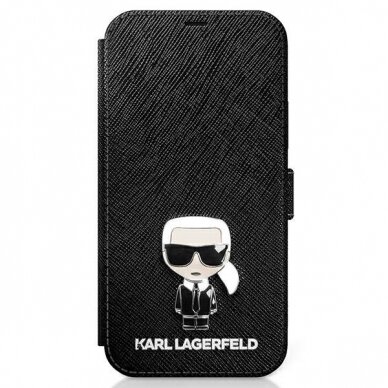 Originalus Karl Lagerfeld Atverčiamas Dėklas Klflbkp12Sikmsbk Iphone 12 Mini 5,4" Juodas Book Saffiano Ikonik Metal