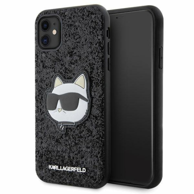 Dėklas Karl Lagerfeld Glitter Choupette Patch KLHCN61G2CPK iPhone 11 / Xr Juodas