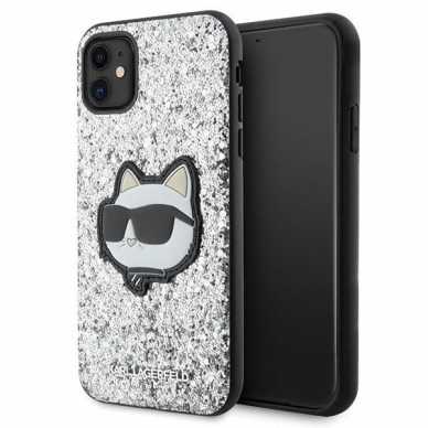 Dėklas Karl Lagerfeld Glitter Choupette Patch KLHCN61G2CPS iPhone 11 / Xr Sidabrinis