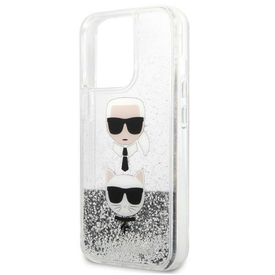 Originalus Karl Lagerfeld dėklas KLHCP13LKICGLS iPhone 13 Pro / 13 6.1 Sidabrinis Liquid Glitter Karl &amp; Choupette Head 5