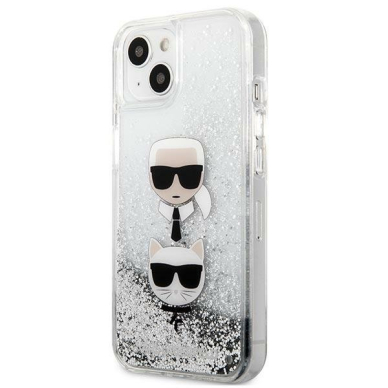 Originalus dėklas Karl Lagerfeld KLHCP13SKICGLS iPhone 13 mini 5,4 Sidabrinis Liquid Glitter Karl &amp; Choupette Head 1