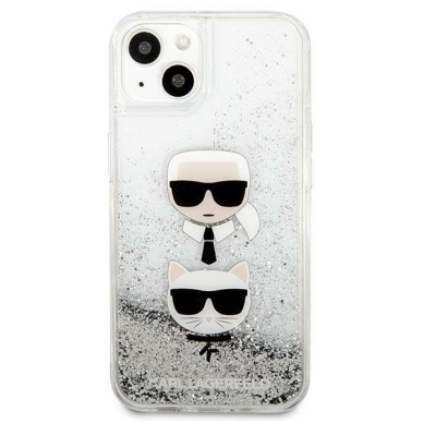 Originalus dėklas Karl Lagerfeld KLHCP13SKICGLS iPhone 13 mini 5,4 Sidabrinis Liquid Glitter Karl &amp; Choupette Head 2