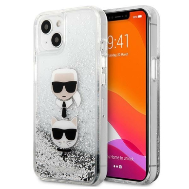 Originalus dėklas Karl Lagerfeld KLHCP13SKICGLS iPhone 13 mini 5,4 Sidabrinis Liquid Glitter Karl &amp; Choupette Head