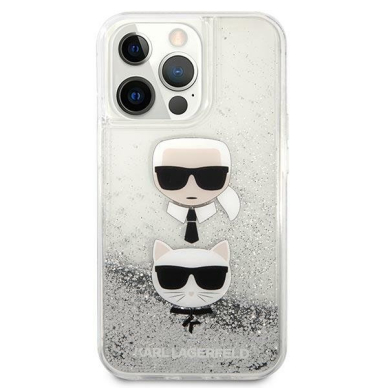 Originalus dėklas Karl Lagerfeld KLHCP13XKICGLS iPhone 13 Pro Max 6.7 Sidabrinis Liquid Glitter Karl &amp; Choupette Head 2