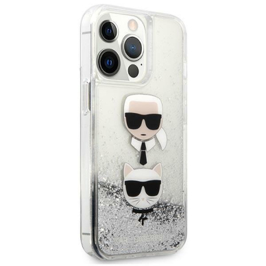 Originalus dėklas Karl Lagerfeld KLHCP13XKICGLS iPhone 13 Pro Max 6.7 Sidabrinis Liquid Glitter Karl &amp; Choupette Head 3