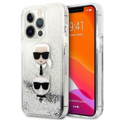 Originalus dėklas Karl Lagerfeld KLHCP13XKICGLS iPhone 13 Pro Max 6.7 Sidabrinis Liquid Glitter Karl &amp; Choupette Head