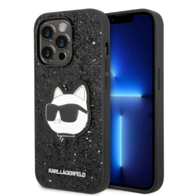 Dėklas Karl Lagerfeld Glitter Choupette Patch KLHCP14LG2CPK iPhone 14 Pro Juodas