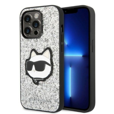 Dėklas Karl Lagerfeld Glitter Choupette Patch KLHCP14LG2CPS iPhone 14 Pro Sidabrinis