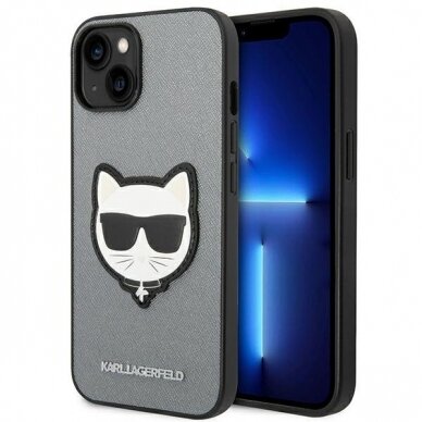 Dėklas Karl Lagerfeld Saffiano Choupette Head Patch KLHCP14MSAPCHG iPhone 14 Plus Sidabrinis