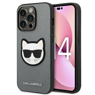 Dėklas Karl Lagerfeld Saffiano Choupette Head Patch KLHCP14XSAPCHG iPhone 14 Pro Max Sidabrinis