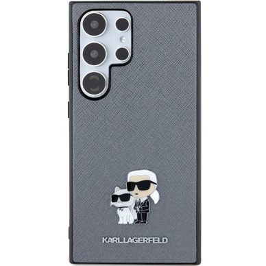 Dėklas Karl Lagerfeld KLHCS24LPSAKCMPG S24 Ultra S928 hardcase Pilkas Saffiano Karl &amp; Choupette Metal Pin 2