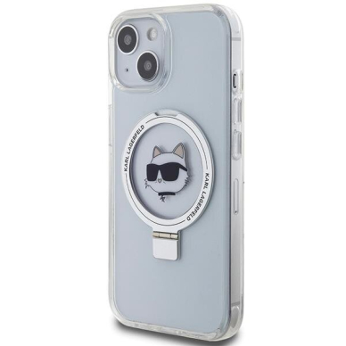 Originalus dėklas Karl Lagerfeld KLHMP15SHMRSCHH iPhone 15 6.1  Baltas/Baltas hardcase Ring Stand Choupette Head MagSafe 1