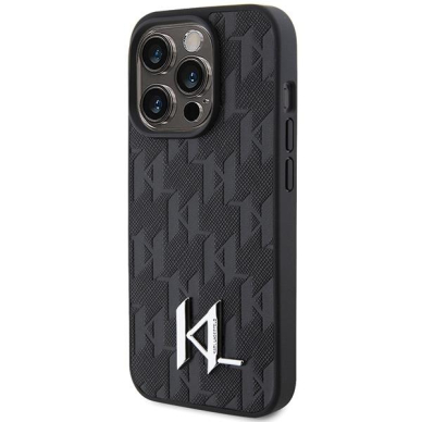 Originalus dėklas Karl Lagerfeld Leather Monogram Hot Stamp Metal Logo case skirta iPhone 15 Pro Max - Juodas 1