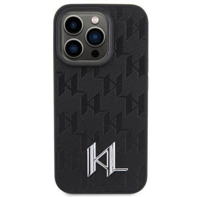 Originalus dėklas Karl Lagerfeld Leather Monogram Hot Stamp Metal Logo case skirta iPhone 15 Pro Max - Juodas 2