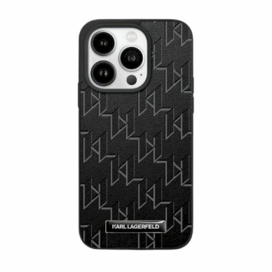 Karl Lagerfeld Leather Monogram Metal Logo dėklas iPhone 15 Pro Max - Juodas