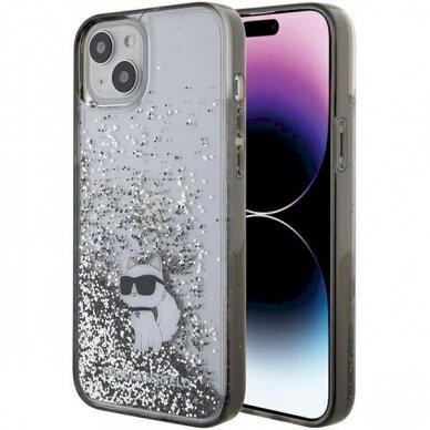 Karl Lagerfeld Liquid Glitter Choupette dėklas skirtas iPhone 15 Plus - Permatomas