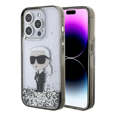 Originalus Karl Lagerfeld Dėklas Liquid Glitter Ikonik dėklas skirtas iPhone 15 Pro Max - Permatomas