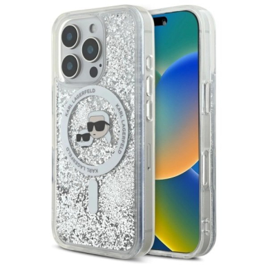 Dėklas Karl Lagerfeld Liquid Glitter Karl  Choupette Head Magsafe  iPhone 16 Pro Max - Skaidrus