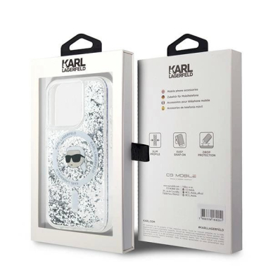 Karl Lagerfeld Liquid Glitter Karl Head MagSafe dėklas iPhone 15 Pro Max - Permatomas 7