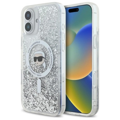 Dėklas Karl Lagerfeld Liquid Glitter Karl Head Magsafe  iPhone 16 Plus - Skaidrus