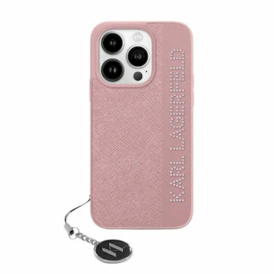 Karl Lagerfeld Saffiano Rhinestones  Charm dėklas iPhone 15 Pro - Rožinis