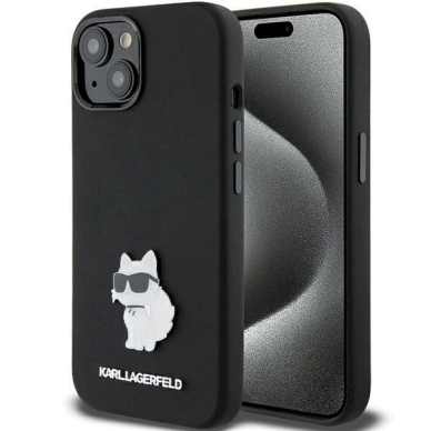 Karl Lagerfeld Silicone Choupette Metal Pin dėklas skirtas iPhone 15 Plus / 14 Plus - Juodas