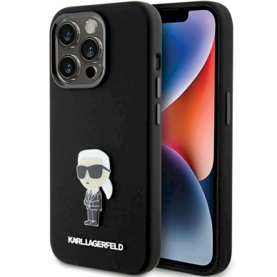 Karl Lagerfeld Silicone Ikonik Metal Pin dėklas skirtas iPhone 15 Pro - Juodas