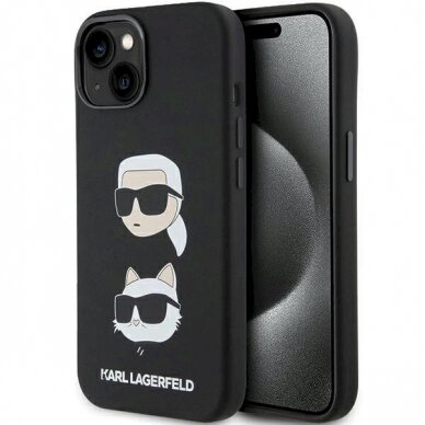 Karl Lagerfeld Silicone Karl&amp;Choupette Head dėklas skirtas iPhone 15 - Juodas