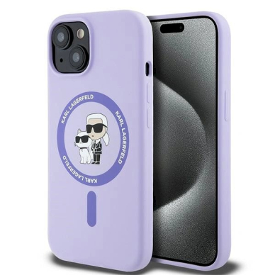 Karl Lagerfeld Silicone Karl&amp;Choupette Heads Ring MagSafe iPhone 15 Case - violetinis