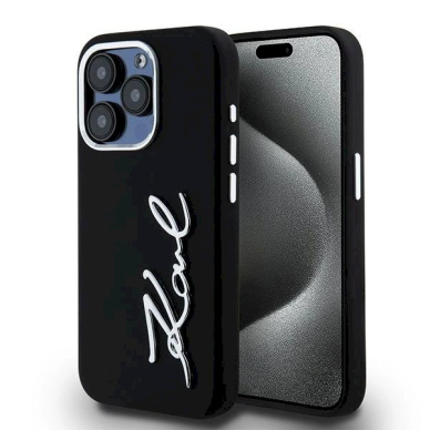 Karl Lagerfeld Silicone Metal Script Logo dėklas iPhone 15 Pro - Juodas