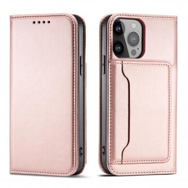 Dėklas Magnet Card Case for iPhone 14 Plus Rožinis