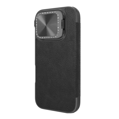 Nillkin Qin Prop Leather Case with Camera Cover and Stand for iPhone 16 Pro - Juodas 1