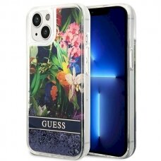 Originalus dėklas Guess GUHCP14MLFLSB iPhone 14 Plus 6.7 Mėlynas / Mėlynas hardcase Flower Liquid Glitter