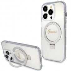 Originalus Guess dėklas Ring Stand Script Glitter MagSafe case for iPhone 15 Pro Max - Permatomas