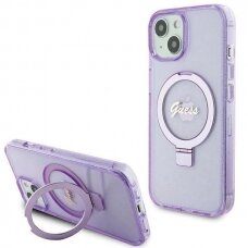 Originalus Guess dėklas Ring Stand Script Glitter MagSafe case for iPhone 15 - Violetinis