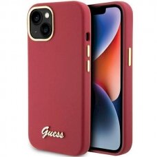 Originalus Guess dėklas Silicone Script Metal Logo &amp; Frame case for iPhone 15 - Raudonas