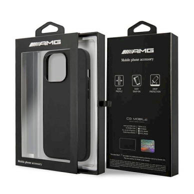 Originalus AMG dėklas AMHCP14LDOLBK iPhone 14 Pro 6.1 Juodas hardcase Leather Hot Stamped 7